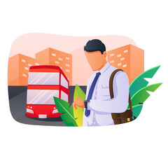 Man in White Dress Shirt and Blue Tie Checks Watch While Standing Next to Red Double Decker Bus with Orange Buildings in Background Flat Design