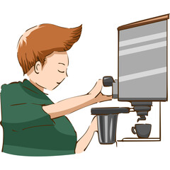 Man In Green Shirt Making Coffee With Espresso Machine In A Bright Kitchen With White Background