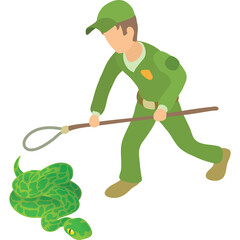 Man in Green Uniform and Cap Captures Green Snake with Net on White Background
