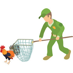 Man in Green Uniform Catcher Using Net To Catch a Rooster Outside With White Background