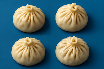 four Soup Dumplings on Blue Background - Feels like an image inserted in a magazine