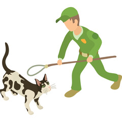 Man in Green Uniform Catches Black and White Cat with Net on Transparent Background