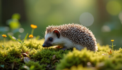 A small hedgehog explores a lush mossy area adorned with delicate wildflowers under soft sunlight.