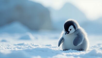A fluffy penguin chick stands on a snowy landscape, showcasing its adorable features amid the serene, white surroundings.