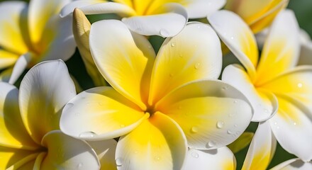 Obraz premium Close up of beautiful white and yellow plumeria flowers blossoming
