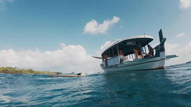 Surfer jumps from taxi surfing boat into the sea