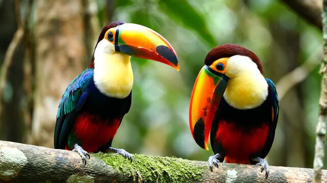 A magnificent pair of colorful channel-billed toucans resting together on a mossy jungle branch in their habitat