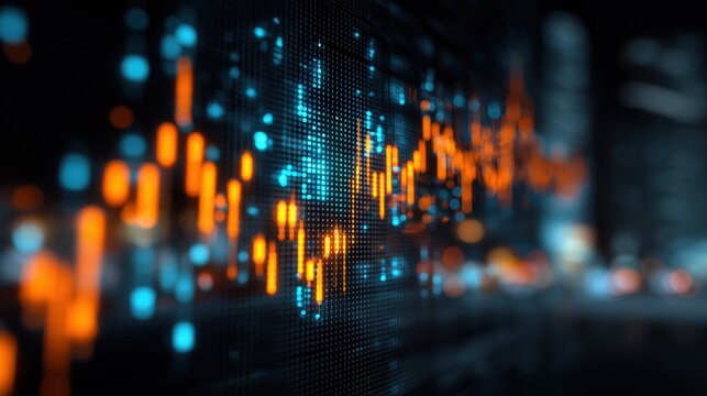 Abstract digital visualization of stock market trends with glowing lines and data patterns