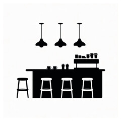Silhouette of a coffee bar with stools and pendant lights