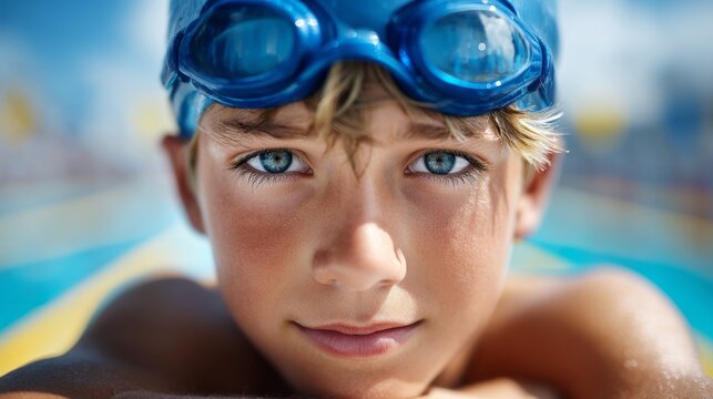 A young swimmer rests at the poolside, wearing blue goggles, with bright blue eyes reflecting determination as the sun shines overhead. The pool glimmers in the background