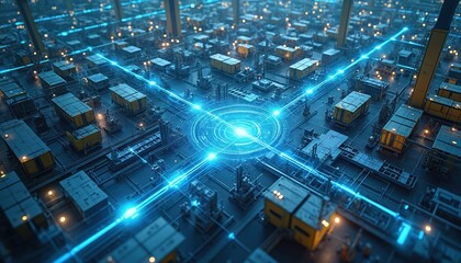 Illustration presents futuristic tech concept. Visualizes data flow within manufacturing facility. Digital network shows information transfer with sensor nodes. Industry tech, 5G network concept