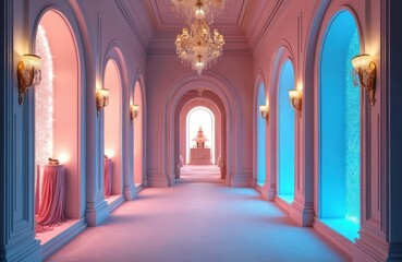 Obraz premium Elegant long hallway with arched alcoves illuminated by soft pink, bright blue light. Ornate chandelier hangs from ceiling. Luxury interior design evokes opulent style. Displays of draped fabric,