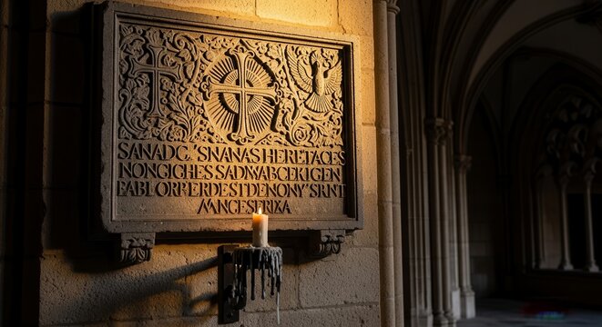 Ancient Inscription Lit By Candlelight, Showing Cross, Architectural Detail And Religious Elements - Powered by Adobe