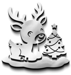 Cute Silver Metallic Reindeer Icon Sitting With Small Christmas Tree