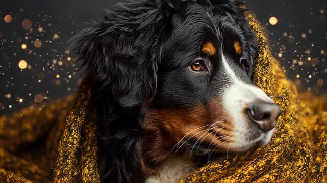A black and white dog with brown eyes is laying on a blanket. The dog is looking at the camera. Bernese Mountain Dog with fluffy blanket and subtle gold sparkles behind
