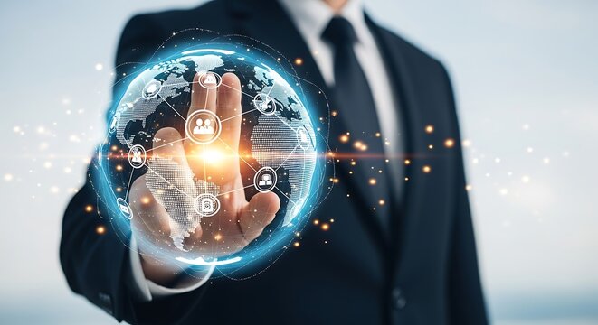 Businessman touching a glowing digital globe with his finger, representing global business and technology