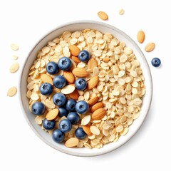 Overhead shot of a bowl of oatmeal with blueberries and almonds isolated on white background