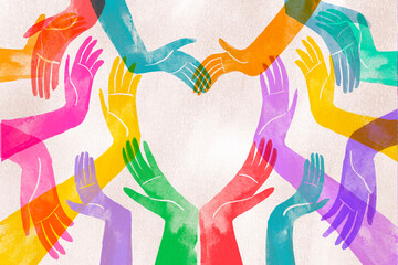 Colorful hands forming a heart shape in a unity and love illustration