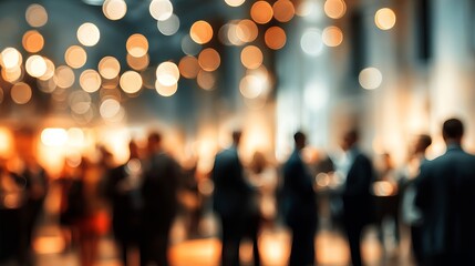 Blurred silhouettes of business people networking at a vibrant corporate event with bokeh lights creating an elegant atmosphere for professional use