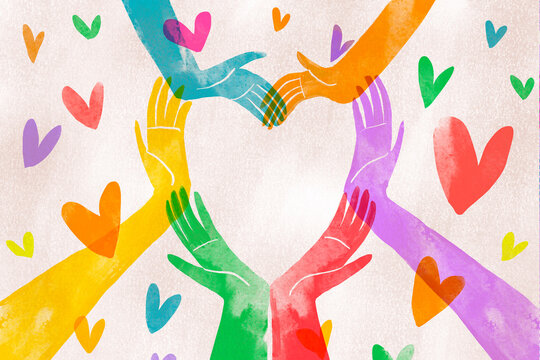 Colorful illustrated hands forming a heart symbol representing love