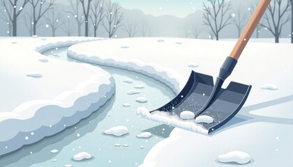 A cartoon shovel that clears snow and leaves behind a perfectly clean, smooth driveway in the winter landscape