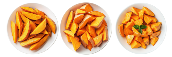 Sliced sweet potatoes in a bowl, isolated on white transparent background. Concept of healthy food.