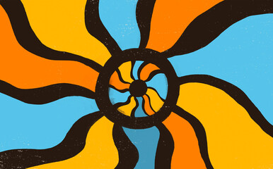 Abstract centric structure with swirling orange blue and yellow stream