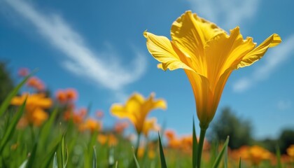 Close up of bright yellow flower in sunlit garden. Field of orange and yellow daylilies under blue sky with clouds. Green grass and trees in background.