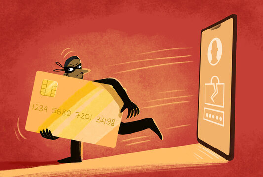 Thief stealing credit card details through online hacking illustration