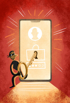 Thief hacking bank account on mobile phone in security illustration