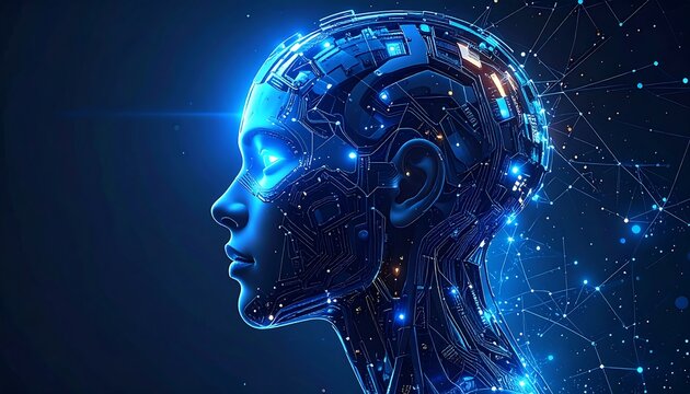 Digital image depicts a glowing blue female silhouette with intricate circuits illuminating the head, emphasizing technology and artificial intelligence