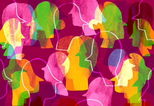 Colorful layered silhouettes of people profiles representing diversity