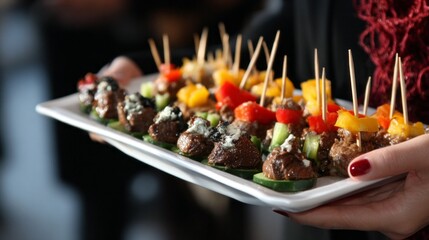A beautifully arranged platter of colorful skewers is held by a person at a lively gathering. Each skewer showcases a variety of fresh ingredients, ready to impress guests