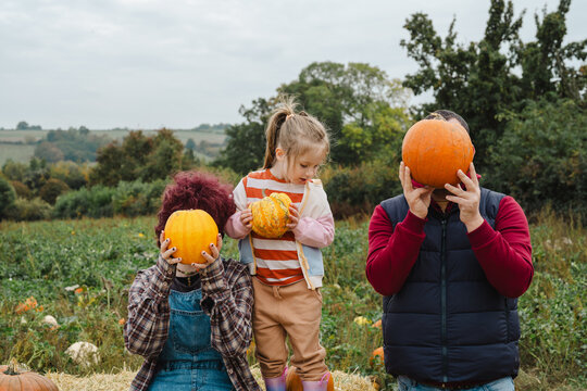 Family having fun with pumpkins at pumpkin patch in autumn