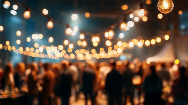 Energetic crowd enjoying vibrant evening festival under festive string lights, perfect for summer events, parties, and social gatherings promotions