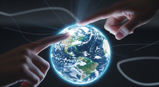 Human hands touching a glowing digital planet Earth, symbolizing global connection, communication, and technology.
