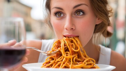 A young woman is savoring a generous serving of pasta with rich sauce at a cozy restaurant. The warm glow of the evening enhances the delightful dining experience
