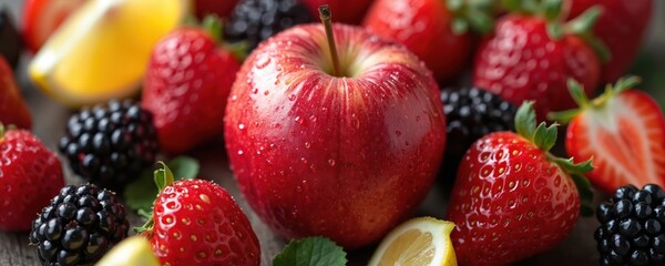 Fototapeta premium Assortment of fresh red fruits including strawberries, blackberries, and a wet apple. A lemon slice is visible too. Healthy natural food, vibrant colors, close up view.