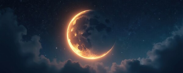 Glowing golden crescent moon illuminates deep dark night sky. Brilliant light radiates from textured lunar surface. Countless stars twinkle beyond soft, wispy, mystical clouds. Stunning celestial