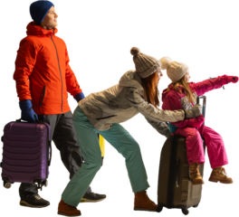 Family group standing with bags while child points ahead in winter wear on transparent background. Concept of travel advertising, tourism content, family guidance themes.