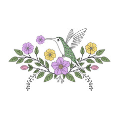 A vintage style illustration representing floral hummingbird
