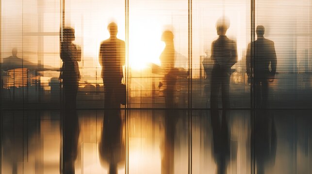 Dynamic business team silhouettes against a golden cityscape sunset, representing collaboration, success, and a modern corporate vision for the future