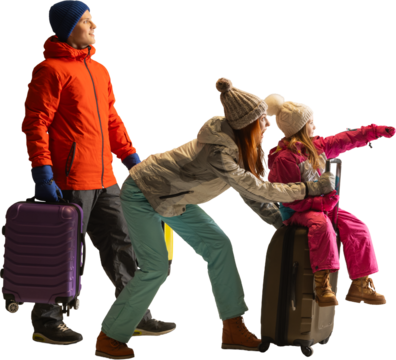 Family group standing with bags while child points ahead in winter wear on transparent background. Concept of travel advertising, tourism content, family guidance themes.