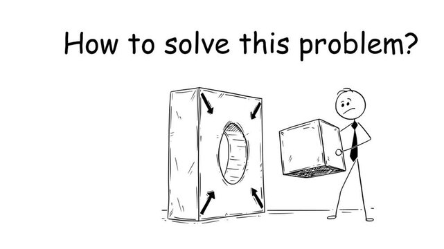 Stickman Businessman Trying to Fit Square Peg into Round Hole  Problem Solving Mismatch  and Business Challenge Concept