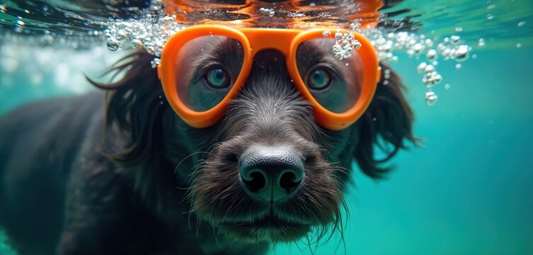 Dog swims underwater wearing orange goggles. Black dog with brown fur and blue eyes looks at camera. Bubbles rise around dog head in turquoise water.