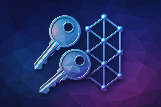 Dual digital keys unlocking the complex connectivity of secure networks in a futuristic geometric landscape, representing access control and cybersecurity innovations