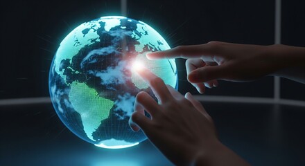 Human hands touching a glowing digital hologram of planet Earth, symbolizing global connection and technology.