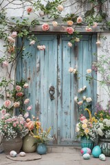 Easter Farmhouse Door Backdrop with Colorful Eggs and Floral Arrangements.