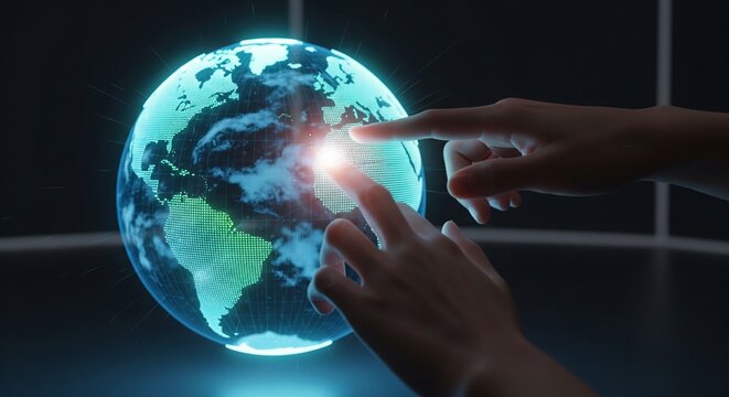 Human hands touching a glowing digital hologram of planet Earth, symbolizing global connection and technology.