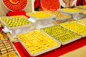 Karisik Turk tatlilari. New dessert varieties at the  luxury hotel open buffet. Milk-based desserts,  Turkish Dessert Sobiyet, havuc dilimi, midye baklava, mussels baklava and classic baklava. 
